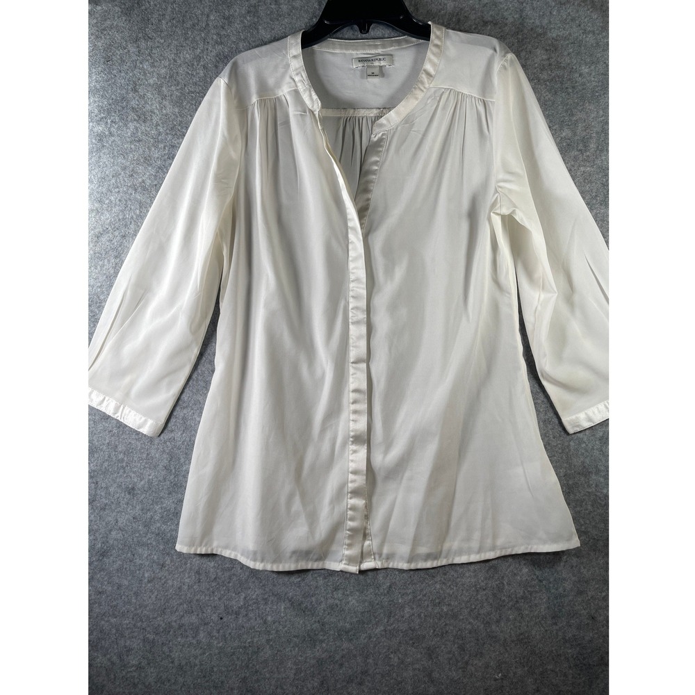 Banana Republic Womens Ivory Satin Trim Button Front Blouse 3/4 Sleeve Size M